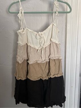 Tiered Spaghetti Strap Mini Dress in Cream, Tan & Black
